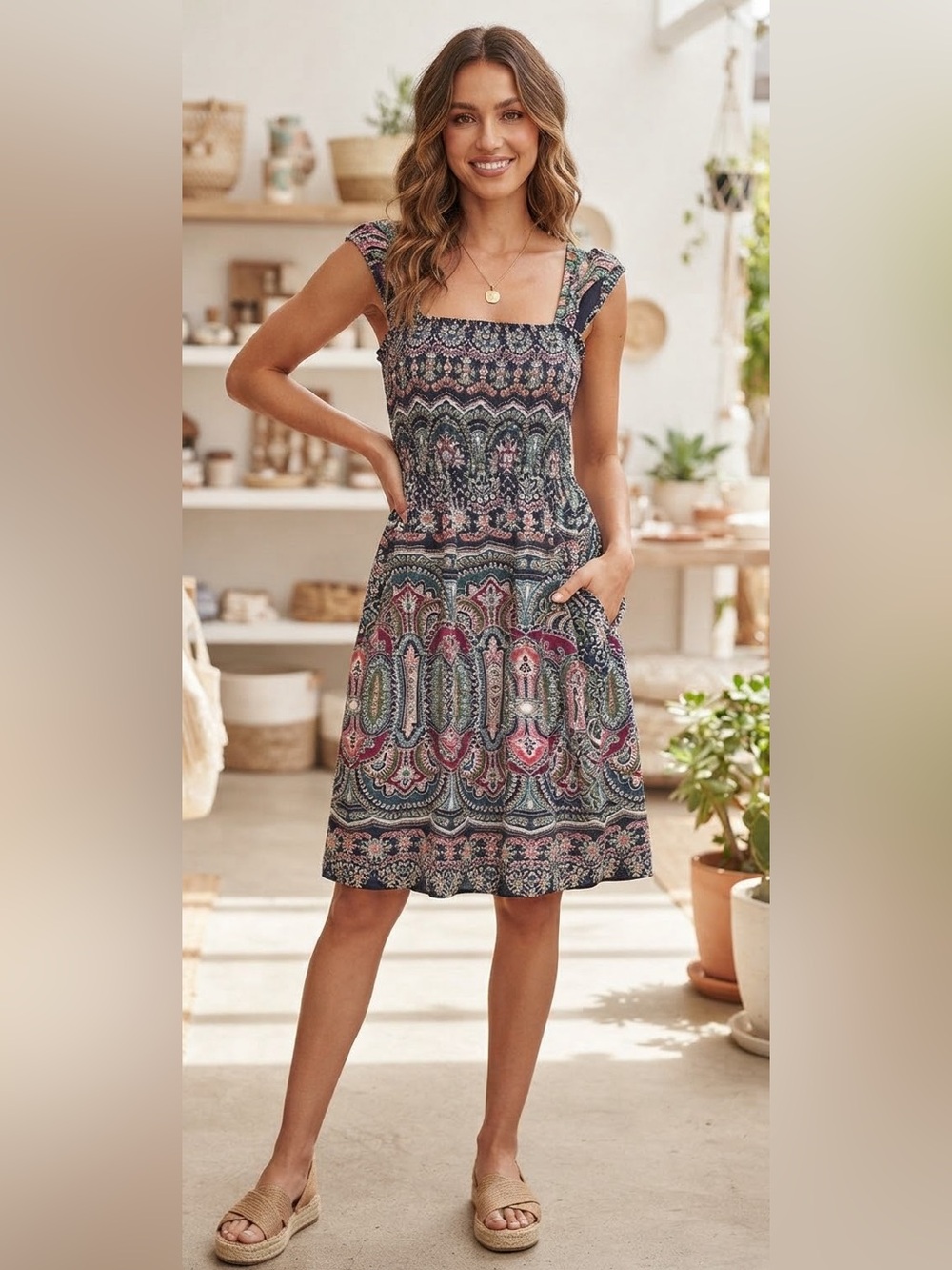 Pure Energy Sz 4 Y2K Abstract Tropical Print Smocked Ruffle Sun Dress Pockets